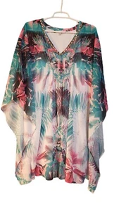 Jennifer Lopez JLO Dress Size M Floral Tropical Tunic Embellished Kaftan Lined - Picture 1 of 15