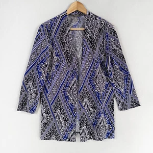 Chicos Travelers Cardigan Topper Sz 1 US Medium Black Blue White Geometric Open - Picture 1 of 9
