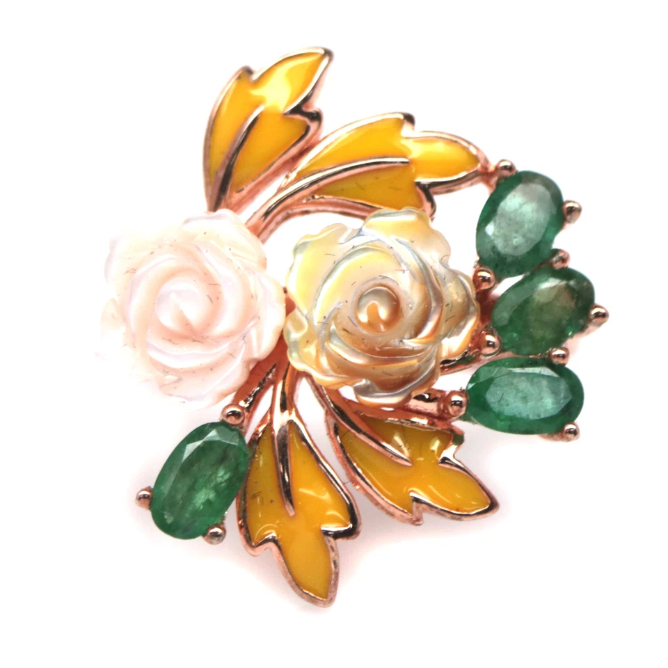 925 Sterling Silver White - Yellow Mother Of Pearl & Emerald Ring Size 6 - Image 1 of 4