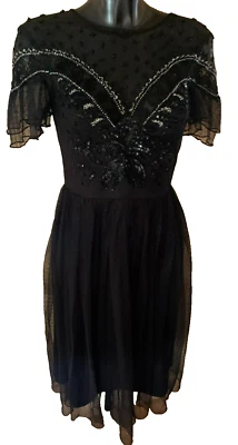 Vestido Negro Lentejuelas Tul Adornado Midi Fit Acampanado Baile de graduación Años 50 Vestido Vestido Vestido y Volantes 10 Foto 1 de 4