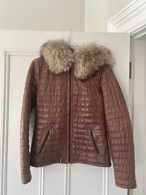Manteau vintage femme cuir chêne à capuche fourrure taille S - Photo 1/4