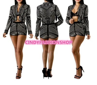 Mujeres Sexy Lentejuelas Delgado Conjunto de Dos Piezas Top + Pantalones Cortos Bodycon Mini Club Conjunto #J2 Foto 1 de 4
