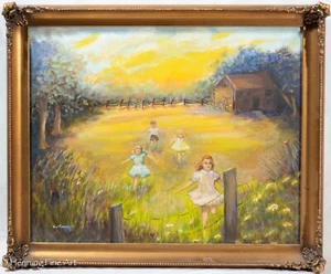 Hermosa pintura al óleo de niños jugando en campo bajo la puesta de sol firmada - Imagen 1 de 10