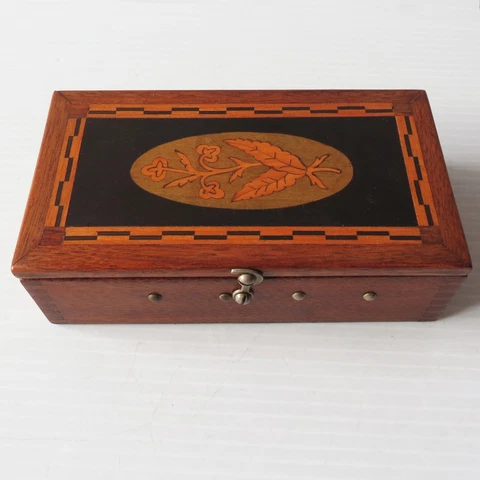 Antique Inlaid Wood Sewing Box Traveling Kit Cover
