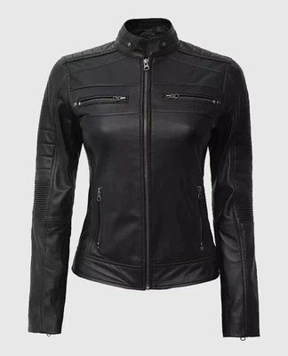 Chaqueta de motocicleta para mujer de cuero genuino de piel de cordero negra chaqueta causal de motociclista Foto 1 de 4