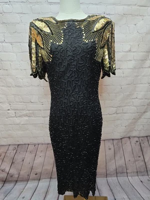 Vestido de cóctel vintage de seda negro Stenay de los años 80 con cuentas - talla 12 Foto 1 de 4