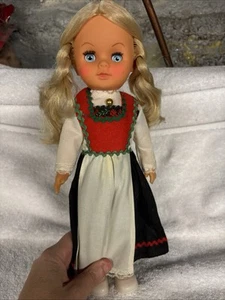 Vintage Sleepy Eyed Dutch Girl Plastic Blonde Hair Blue Eyes Red And Green Dress - Picture 1 of 5