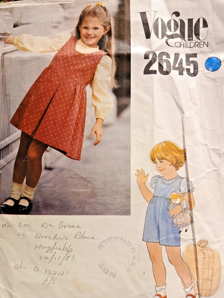 Sewing Pattern*Childs/Girls Pinafore Dress*All-in-one Jumpsuit**VOGUE 2645*Age 4 - Image 1 of 1