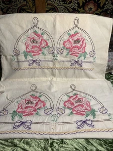 Vintage Pair Hand Embroidered Pink Roses Pillow Cases - Picture 1 of 12