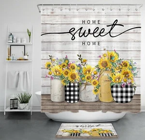 Sweet Home Shower Curtain Farmhouse Wood Planks Sunflower Bathroom Accessory Set - Picture 1 of 15