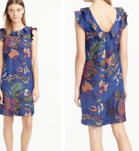 J.Crew Ruffle Dress in Tropical Floral SZ 6 navy blue multi pattern f3884 silk - Picture 1 of 12