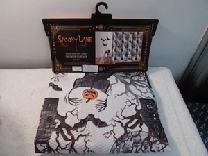 Spooky Lane Halloween White & Black Jack O Lantern Man Fabric Shower Curtain - Picture 1 of 4