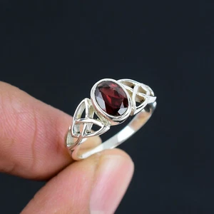 Natural Garnet Gemstone 925 Sterling Silver Triquetra Celtic Knot Ring For Women - Picture 1 of 5