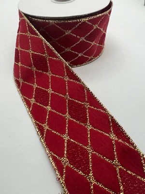 Текстурированная красная и золотая бархатная лента с проводными краями 2,5 дюйма x 10 ярдов - Изображение 1 из 4