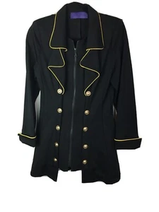 Haute Couture Trench Military Black Jacket Sz M Stretch Gold Buttons Zip Front - Picture 1 of 10