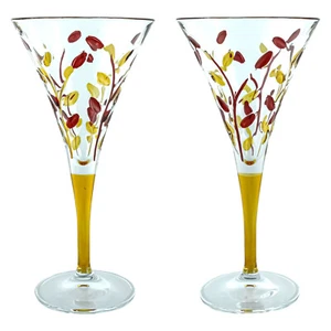 Pair of Murano Wine Glasses Red Yellow Stem Hand Painted Venice - Picture 1 of 3