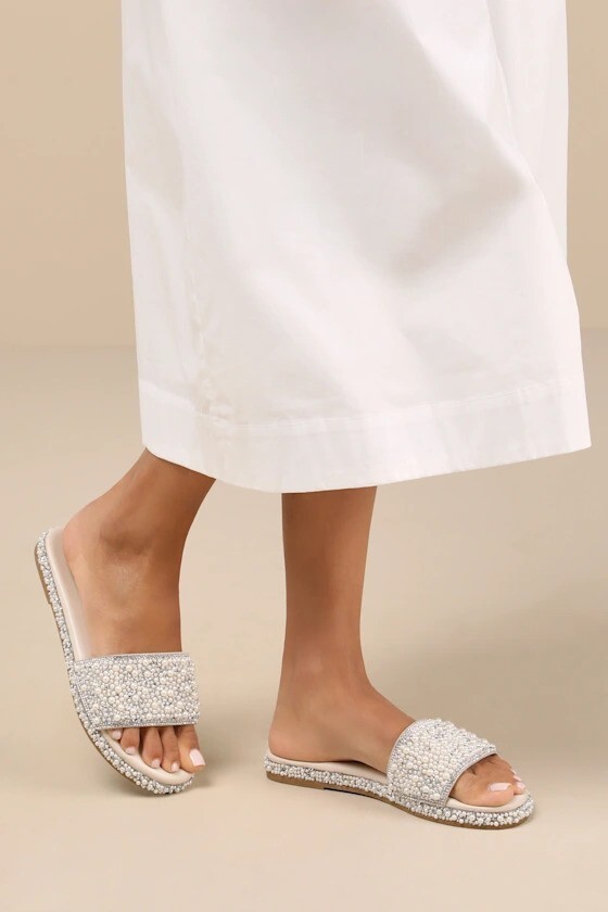 New Womens Bling Rhinestone Pearl Open Toe Slide Sandal Flip Flops