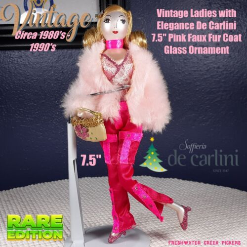 Vintage Ladies with Elegance De Carlini 7.5" Pink Faux Fur Coat Glass Ornament A