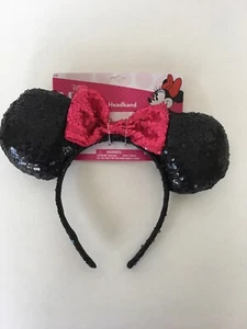 Disney Minnie Mouse Ears Black Sequined Ears Pink Sequin Bow New with Tag - Picture 1 of 5