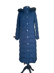 LAND’S LANDS END HEATHER BLUE LONG SLIM DOWN COAT Hooded Puffer Fur 10-12 UK - Picture 1 of 10