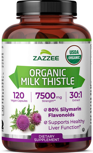 USDA Organic Milk Thistle 7500 mg Strength 120 Vegan Caps 80% Silymarin ...