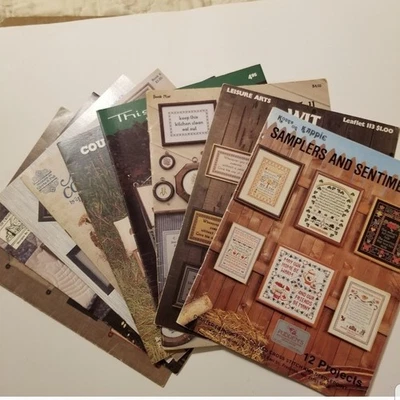 Lot of 9 vintage 70s and 80s counting cross stitch patterns country life themes - Image 1 of 3