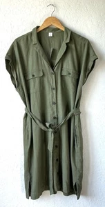Old Navy Linen Shirt Dress Large Olive Green Button Front Tie Belt NWT Fast Ship - Picture 1 of 16