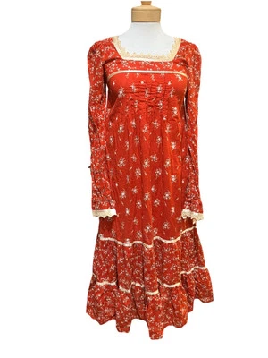 Vestido Gunne Sax Vintage Años 70 Talla 11 Campesino Victoriano Rojo Foto 1 de 4