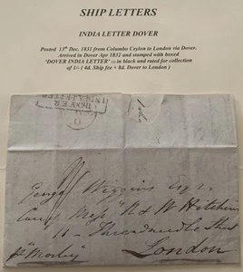 F22 1831 SHIP’S LETTER COLOMBO CEYLON TO LONDON STAMPED “DOVER INDIA LETTER” - Picture 1 of 8
