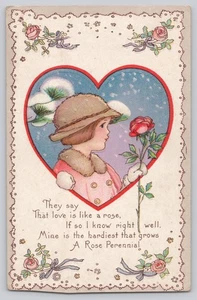 Antique Valentine Girl with Rose in Snow A Rose Perennial c.1910s USA Postcard - Picture 1 of 3