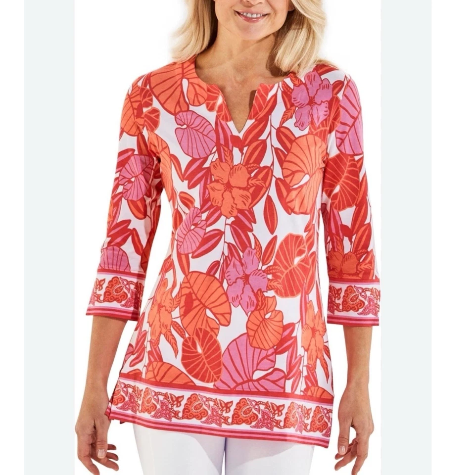 Top túnica Coolibar para mujer grande rosa Santa Lucía UPF 50+ protección solar floral Foto 1 de 4