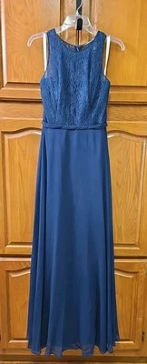 Azazie Long Navy Bridesmaid Dress Size 6 A6 LACE Bodice Sleeveless - Image 1 of 4