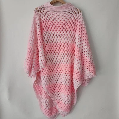 Vintage Handmade Pink White Ombre Crochet Poncho Shawl Collar adult one size - Image 1 of 4