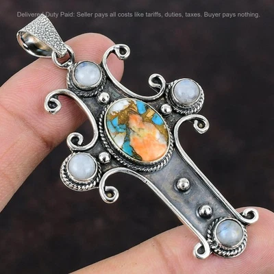 925 Silver Spiny Oyster Copper Turquoise Stone Rainbow Moonstone Pendant Jewelry - Image 1 of 4