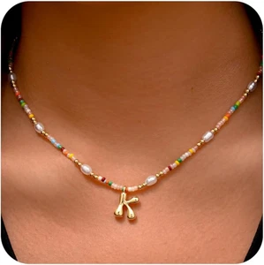 Initial Necklaces for Women Girls - Light Colorful Beaded Pearl Initial Necklace - Picture 1 of 12