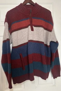 LL BEAN 100% Lambswool Classic Ragg Pullover Quarter Zip Sweater Striped Mens XL - Picture 1 of 5