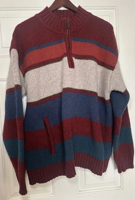 LL BEAN 100% Lambswool Classic Ragg Pullover Quarter Zip Sweater Striped Mens XL - Image 1 of 4