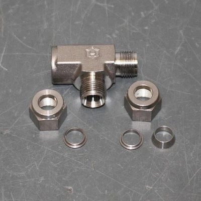 PARTIAL Ham-let Tee Fitting 771LF SS 3/8 X 1/4, 1/4" NPT x 3/8" Compression - Image 1 of 4