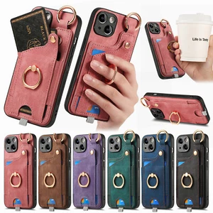 For iPhone 15 14 13 12 11 X 8 7 Car Magnetic Leather Card Slot Ring Stand Case - Picture 1 of 56