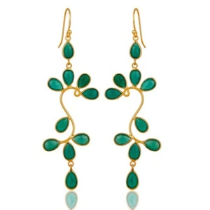 Tree Branch Green Onyx Earring Gold Leaf Dangle Natural Inspired Popular Jewelry - Picture 1 of 4