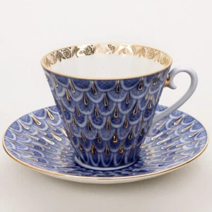 Imperial Porcelain Forget-Me-Not Teacup and Saucer Set LFZ Lomonosov Cup 8 fl oz - Picture 1 of 7