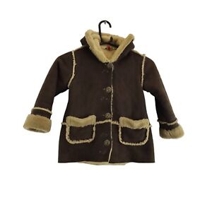 catimini girls coat brown & beige hooded button up up faux fur age 3 years