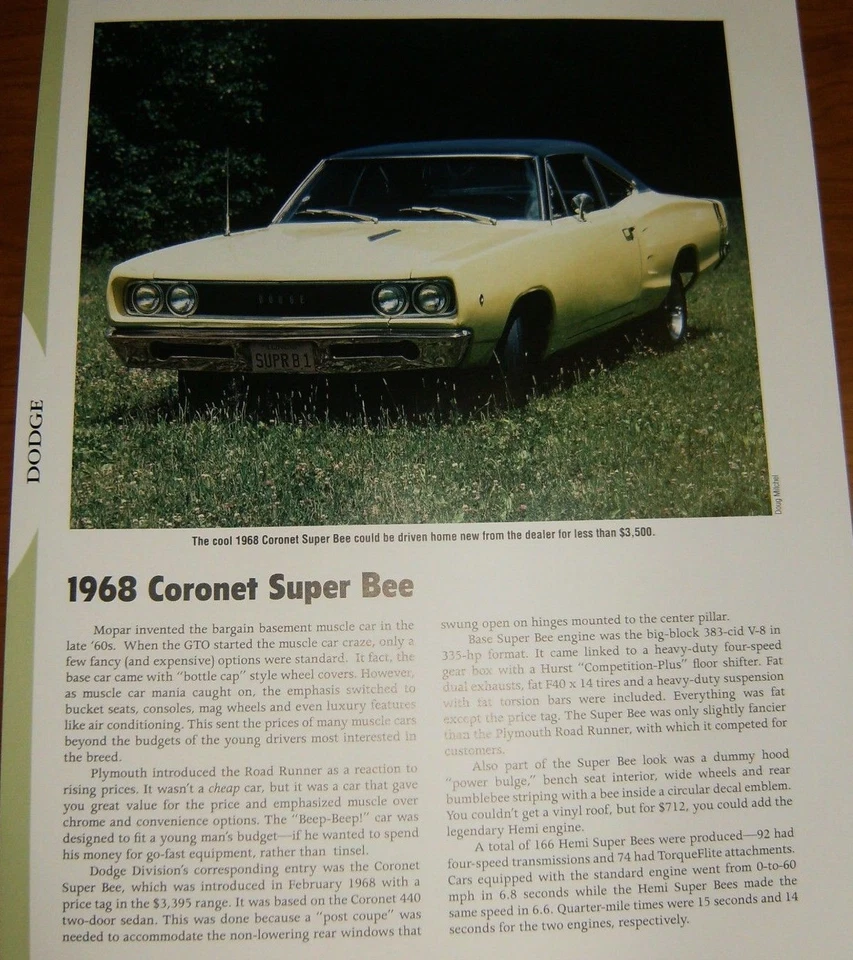 Dodge Coronet Super Bee 1968 información especificaciones foto 68 383 Superbee Foto 1 de 1