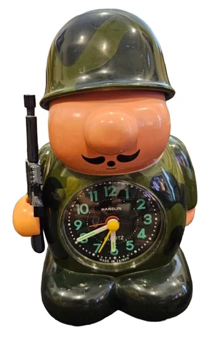 Vintage Hanslin Quartz Army Soldier Alarm Clock Musical Bugle Reveille *READ* Cover
