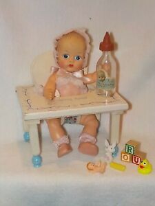 Vintage 8" Painted Eye Vogue Ginnette Baby Doll W/Glass Bottle Tender & Toys