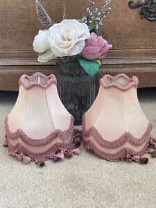 Pretty Vintage Pair of Small Clip On Candle Lampshades Pink With Tassels