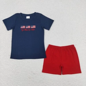 God Bless The USA Embroidery Flags Navy Top Red Shorts Outfit - Picture 1 of 8
