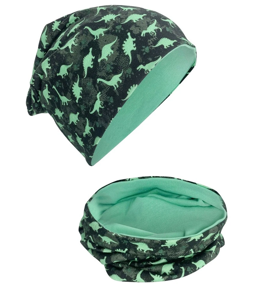 HECKBO Kinder Beanie Mütze + Loop-Schal Set - Dino Dinosaurier - Winter Sommer