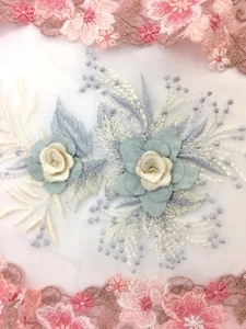 3D Embroidered Applique Light Blue Ivory Floral Venice Lace 8" (BL153) - Picture 1 of 4