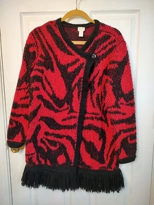 Chico's Gr. 1 Damen Medium Long Strickjacke Pullover Rot Schwarz Fransen Langarm - Bild 1 von 5